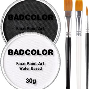 Black & Clown White Face Body Paint with 3Pcs Painting Brushes, Water Based SFX Makeup Palette for Kids & Adults, Non-Toxic Facepaint for Halloween, Cosplay, Costume & Theater