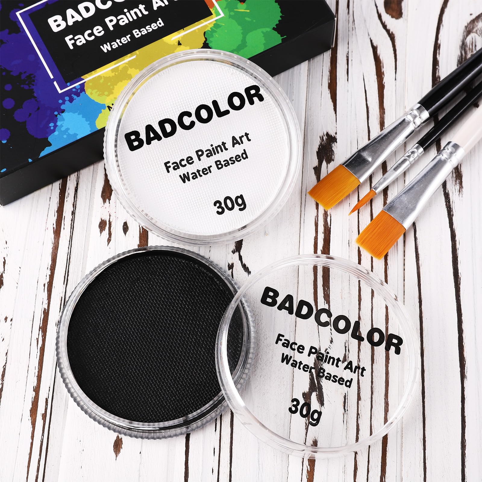 Black & Clown White Face Body Paint with 3Pcs Painting Brushes, Water Based SFX Makeup Palette for Kids & Adults, Non-Toxic Facepaint for Halloween, Cosplay, Costume & Theater