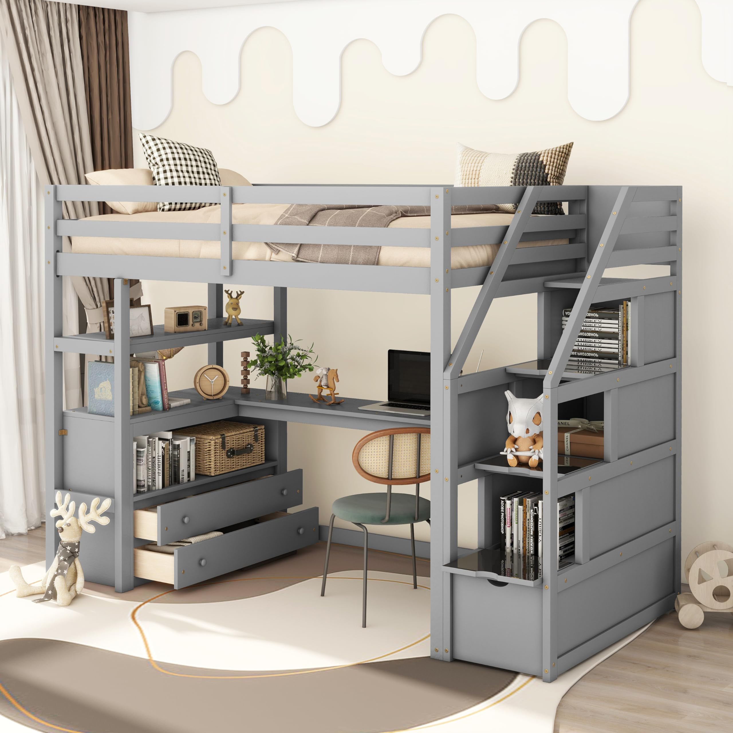 Twin Loft Bed with Stairs and Desk, Wood Loft Bed Frame with Storage Cabinet, High Loft Beds with Drawers & Shelf for Kids, Juniors, Teen, Boys, Girls, Gray