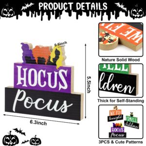 Halloween Decorations Indoor, 3 PCS Halloween Wooden Table Sign Decor, Hocus Pocus Table Centerpiece for Mantle Shelf Tiered Tray, Farmhouse I Smell Children & We Fly Tonight Halloween Wooden Signs