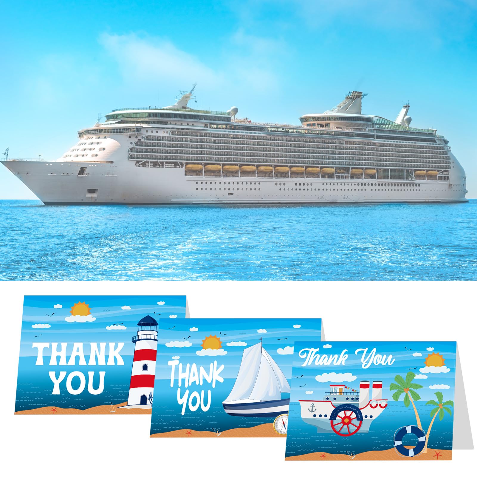 Lincia 48 Pack Cruise Staff Thank You Cards with Envelopes and Stickers Cruise Nautical Thank You Notes for Cruise Staff Thank You Gifts Bulk Cruise Accessories for Ship Boat Birthday Greeting