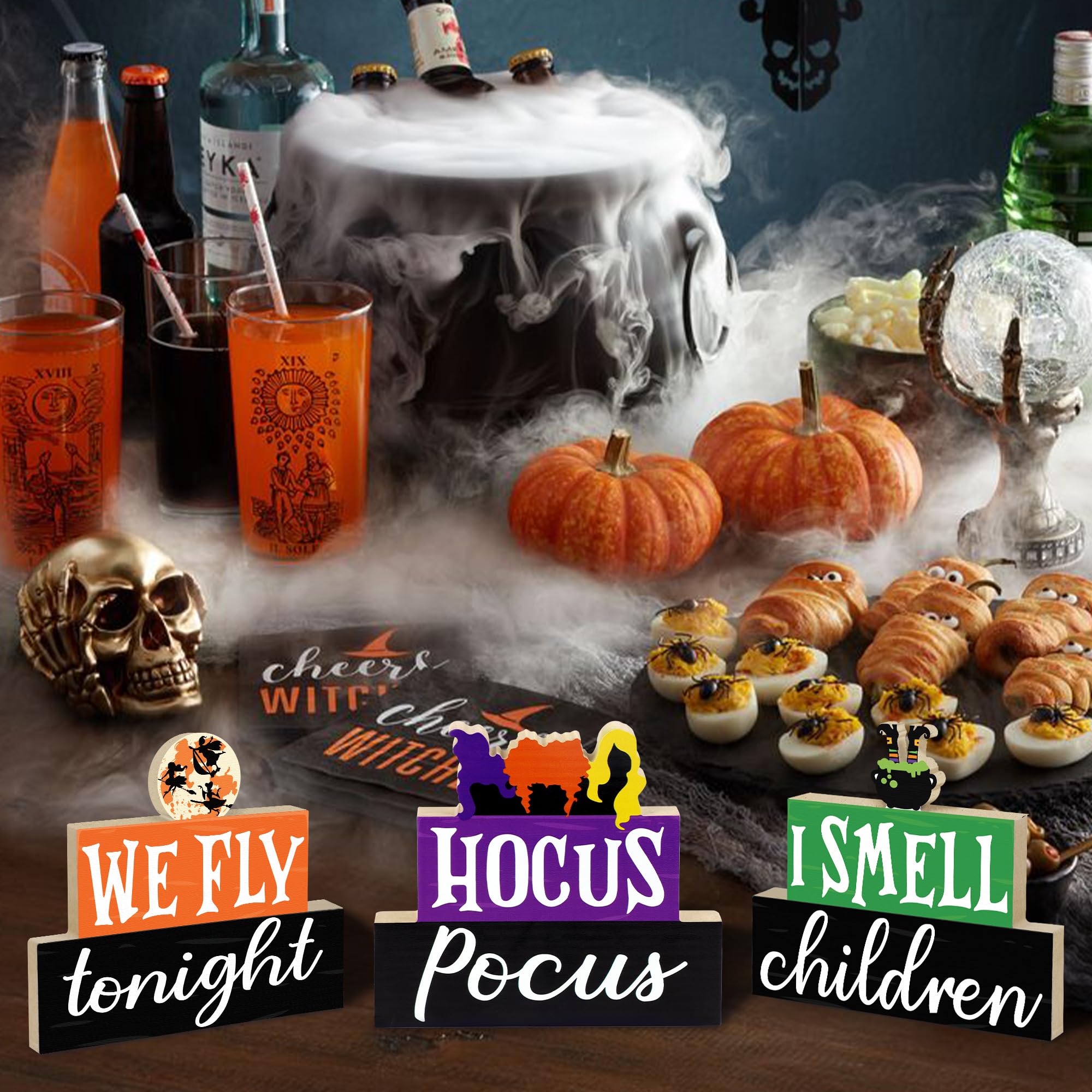 Halloween Decorations Indoor, 3 PCS Halloween Wooden Table Sign Decor, Hocus Pocus Table Centerpiece for Mantle Shelf Tiered Tray, Farmhouse I Smell Children & We Fly Tonight Halloween Wooden Signs