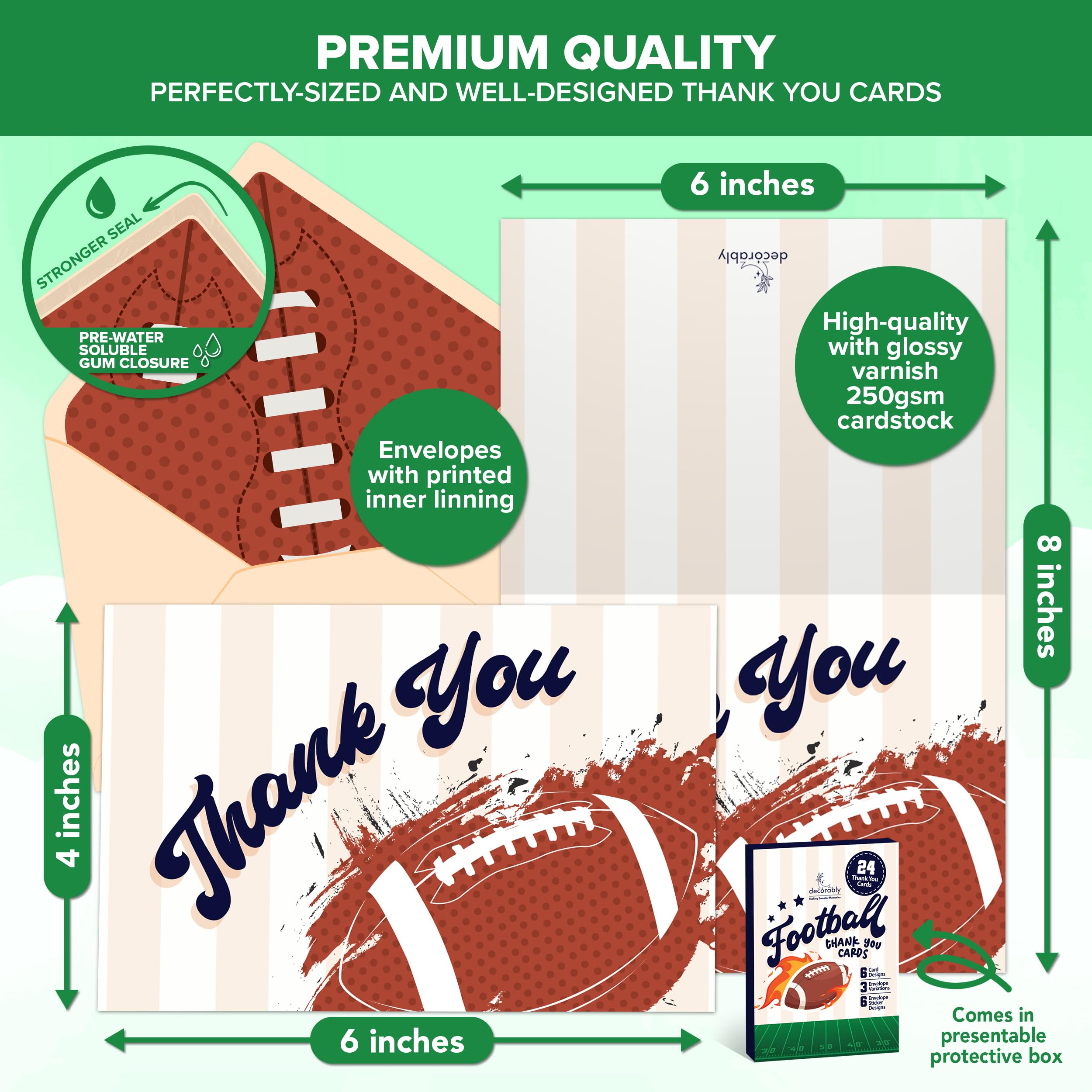 Decorably Thank You Cards with Envelopes & Stickers, Sports-Themed Cards - 24 Pack Football Thank You Cards with Envelopes, Blank Inside 6x4in Sports Thank You Cards Sports, Coach Thank You Cards