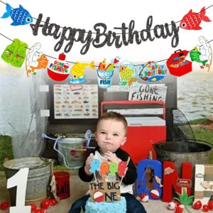 Gone Fishing Happy Birthday Banners Fishing Party Decorations 2Pcs Fisherman Hanging Cutout Garland Banners for Fish Theme Baby Shower Supplies