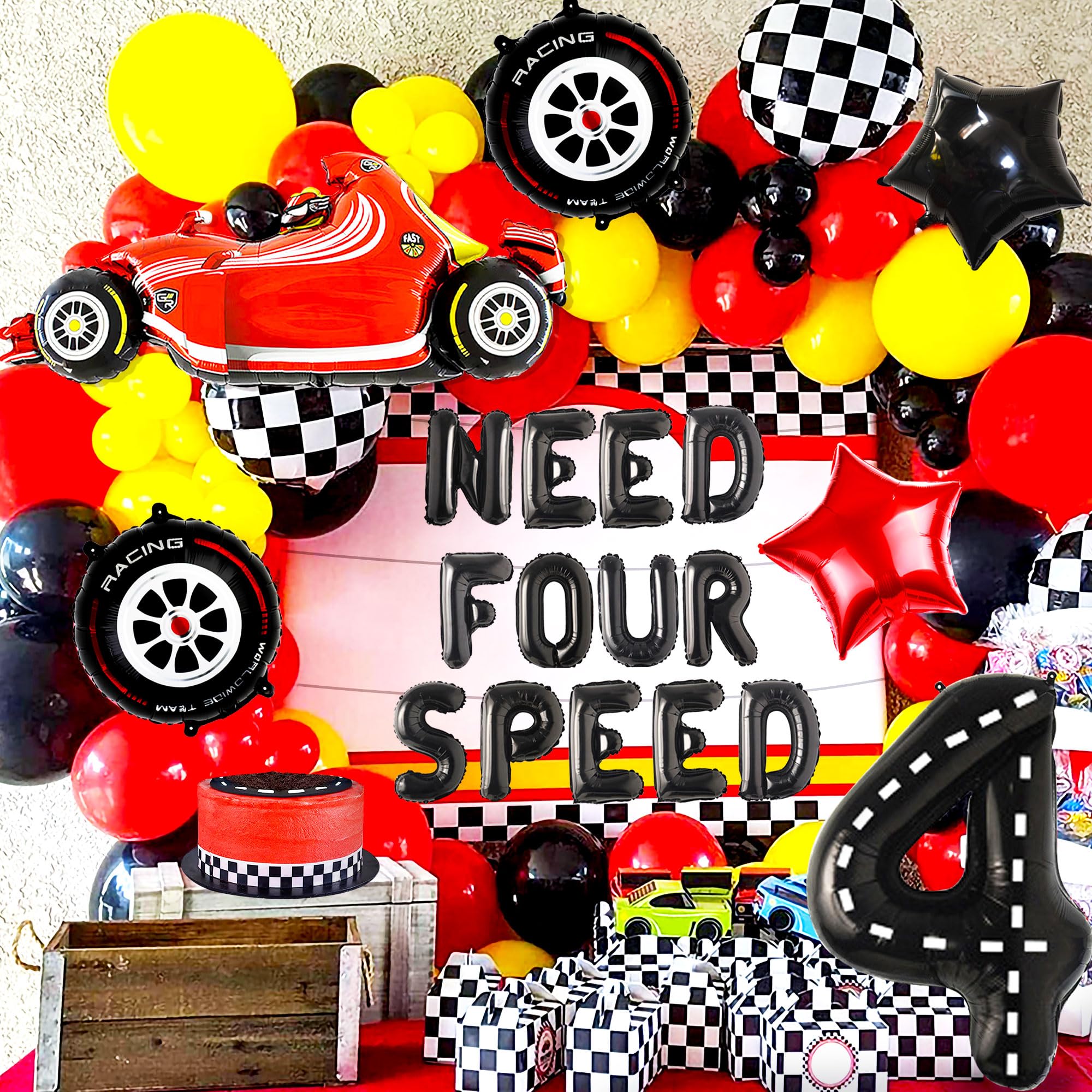 JeVenis Need Four Speed Birthday Decoration Need Four Speed Balloons Backdrop Racing Car 4th Birthday Decoration Boys 4th Birthday Party Supplies Car Balloons