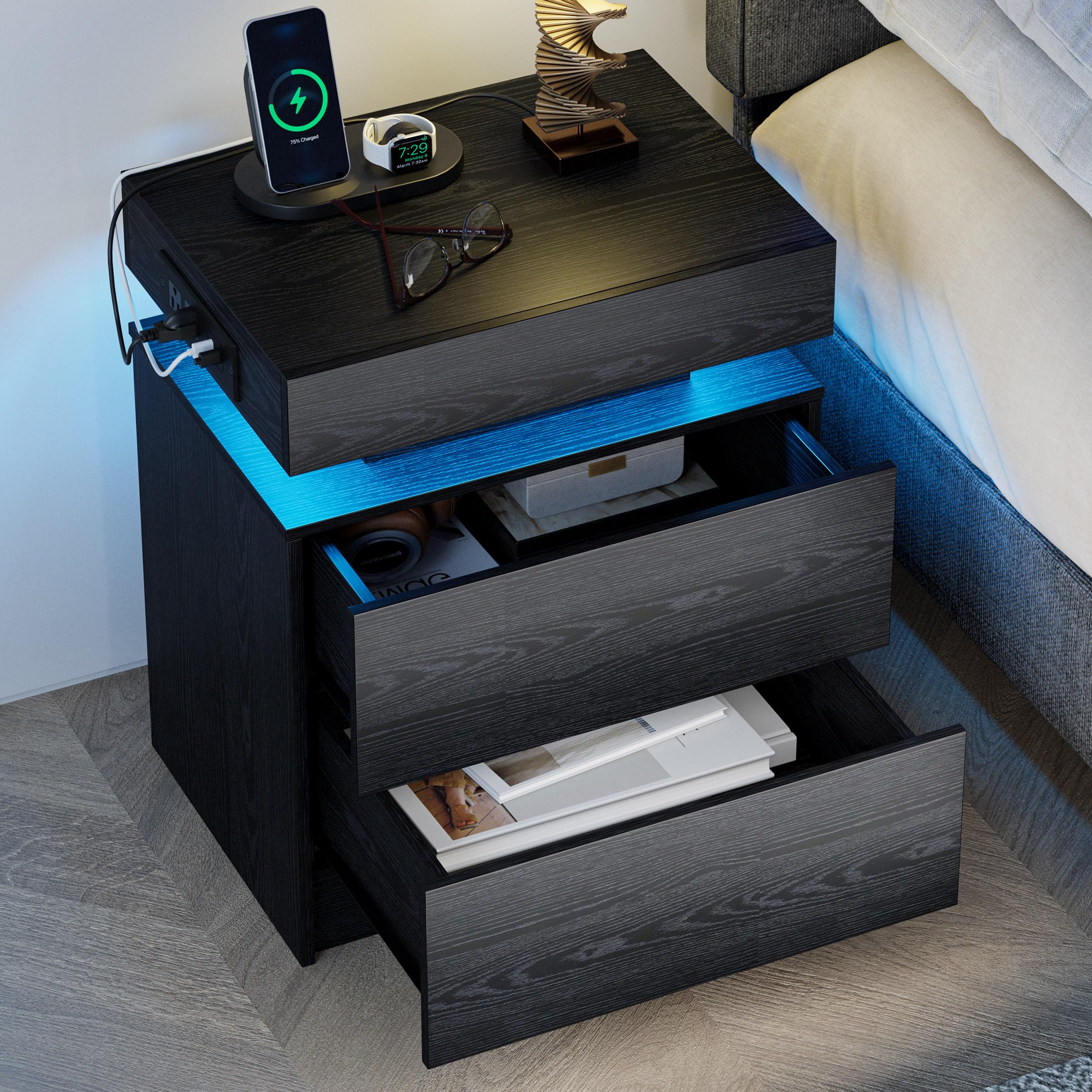 LIKIMIO Night Stand with Charging Station, Modern Black Nightstand with LED Light and Drawers, Bedside Tables/End Table for Bedroom