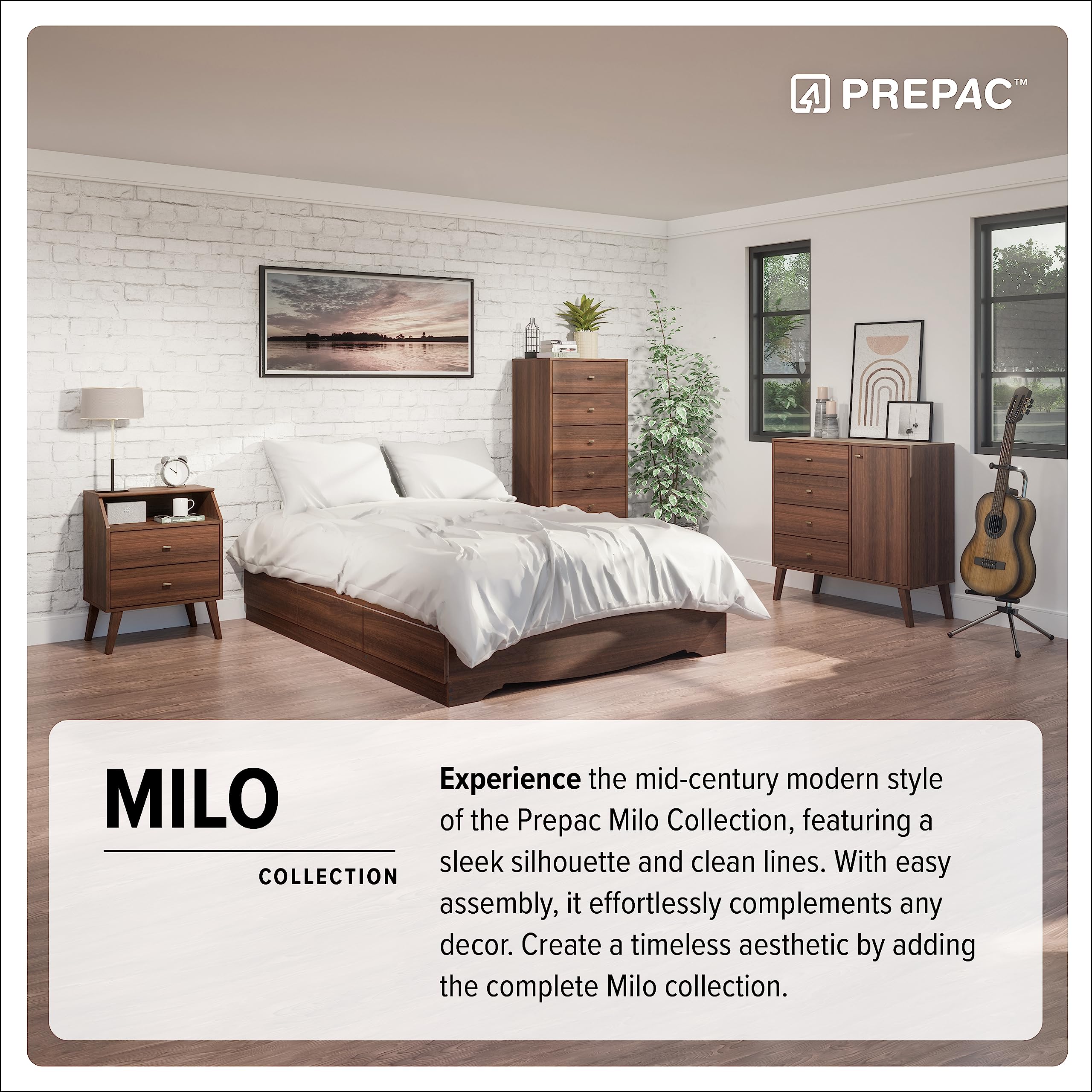 Prepac Milo Mid-Century Modern Bookcase with Six Shelves, Two Doors, and Brushed Brass-Finished Knobs