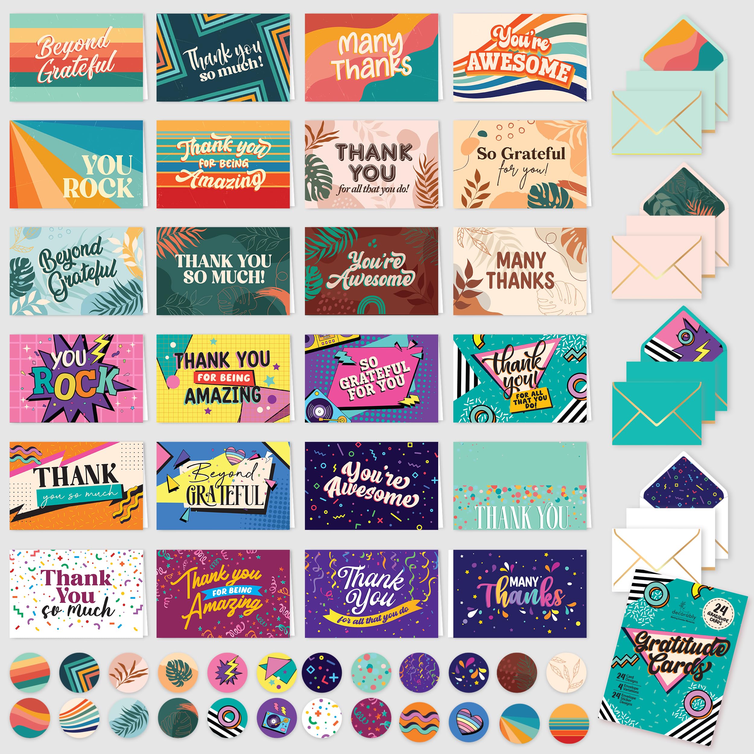 Decorably Assorted Cards with Envelopes & Stickers - 24 Assorted Thank You Cards Pack with Envelopes & Stickers, Blank Inside 6x4in Thank You Cards Variety Thank You Cards with Envelopes Assorted