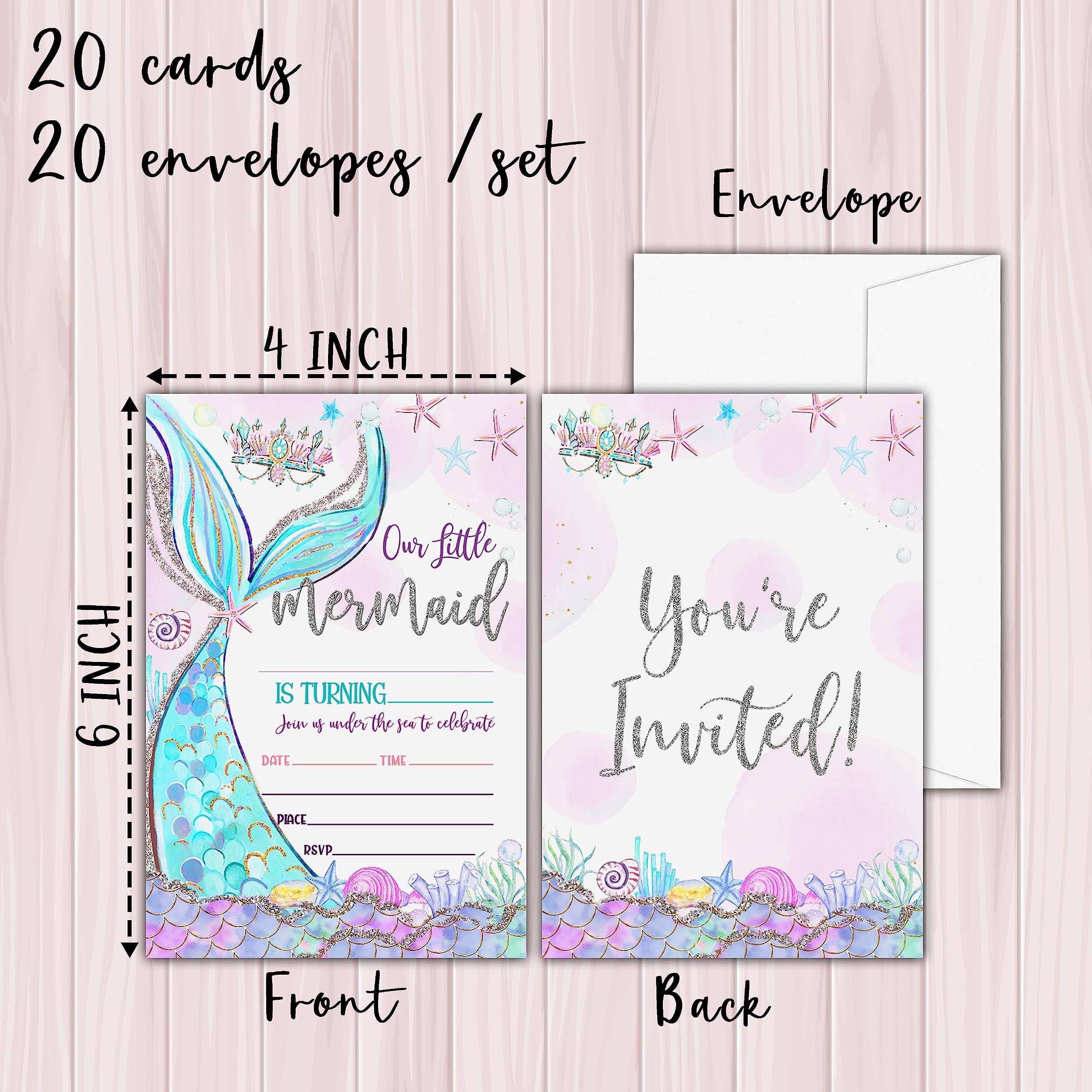 KFNER Mermaid Birthday Invitations, Glitter Mermaid Birthday Party Invitation Card, Under the Sea Birthday Party Favors & Celebration Supplies(20 Set of Invitations with Envelopes)-B13