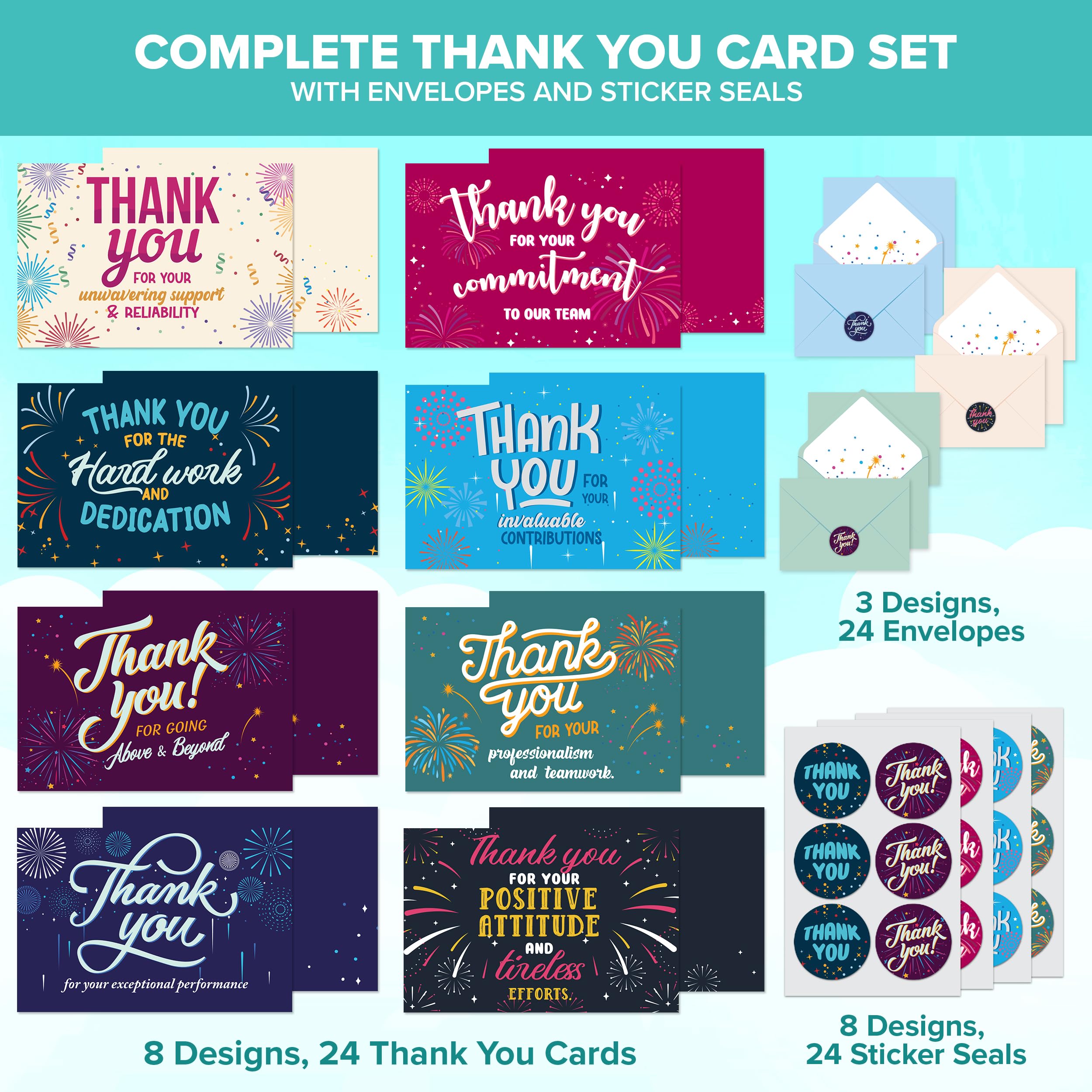 Decorably Work Cards with Envelopes & Stickers - 24 Pack Employee Appreciation Cards with Envelopes & Stickers, Blank Inside 6x4in Employee Thank You Cards for Employees Appreciation