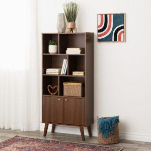 Prepac Milo Mid-Century Modern Bookcase with Six Shelves, Two Doors, and Brushed Brass-Finished Knobs