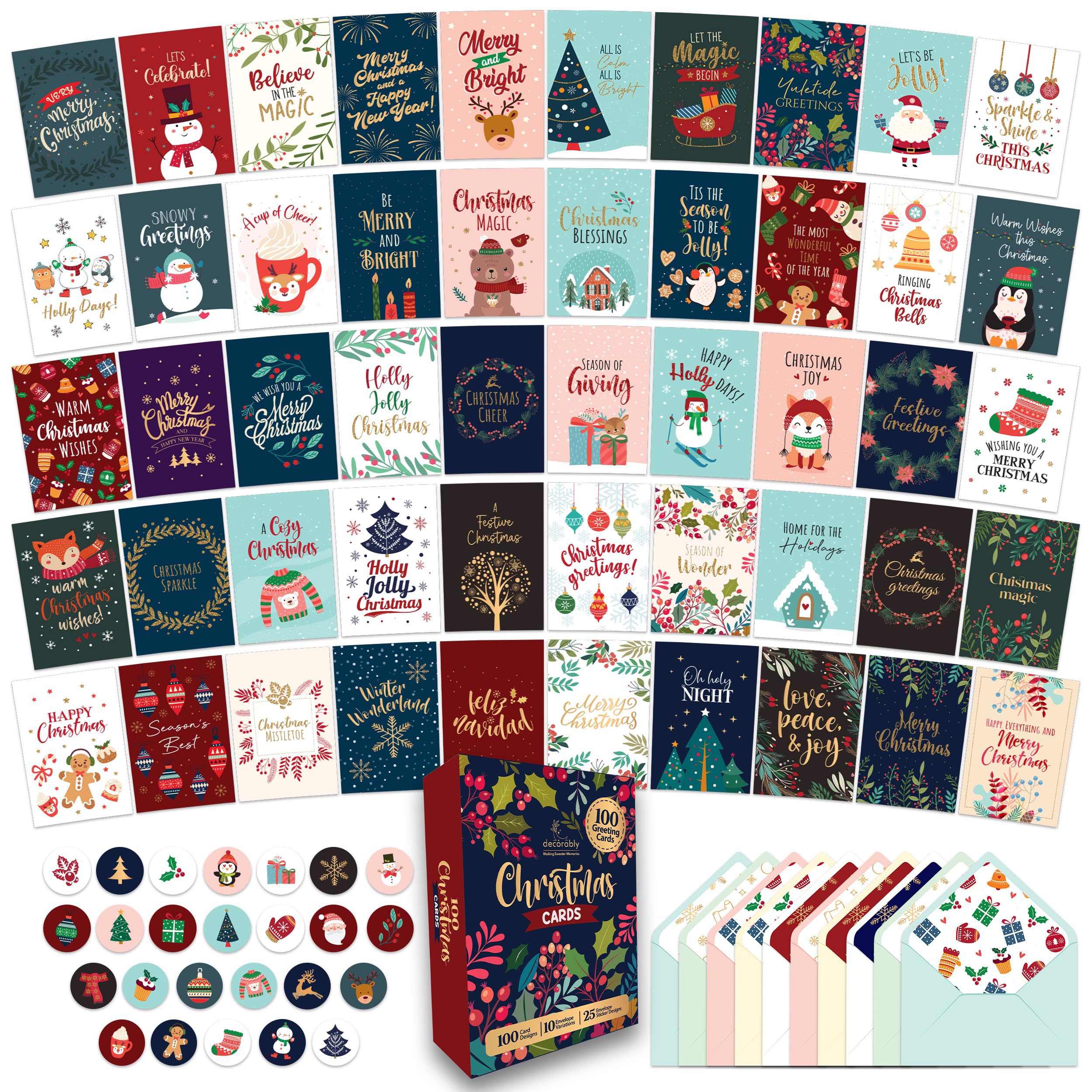 100 Pack Boxed Christmas Cards with Envelopes & Stickers, 100 Unique Designs with Printed Inside Christmas Cards Bulk, 6x4in Assorted Christmas Cards Boxed with Envelopes, Holiday Cards with Envelopes