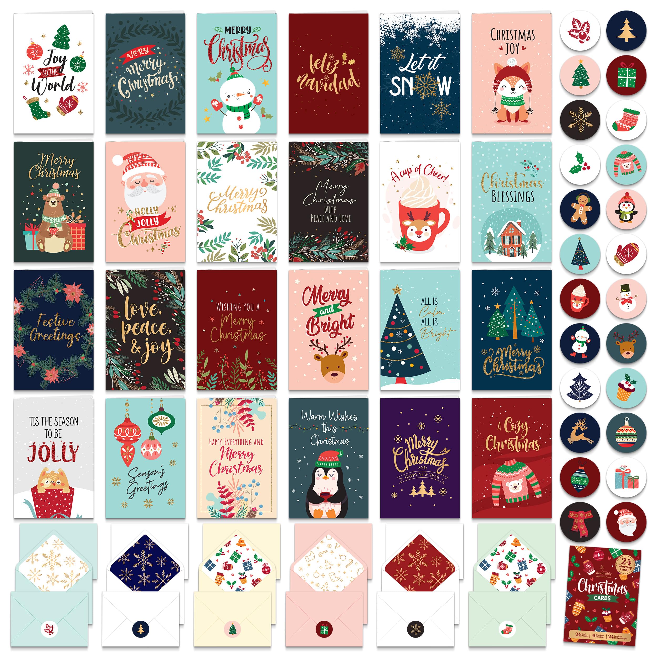 Decorably Special Season Cards with Envelopes & Stickers - 24 Pack Foiled & Glittery Christmas Cards with Envelopes Pack, Assorted Holiday Cards with Printed Message Inside, 4x6 Boxed Christmas Cards