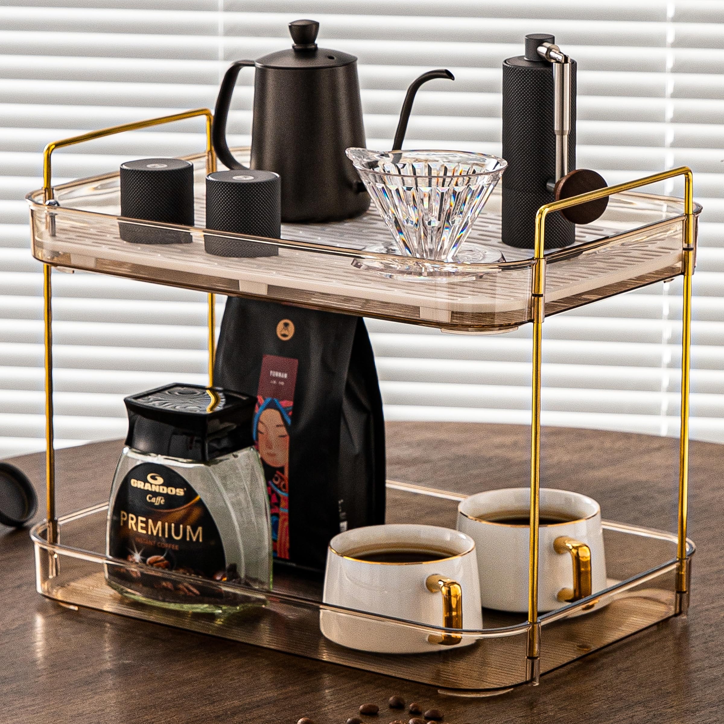 YCIA&DONE Coffee Bar Accessories,Coffee Station Organizer,Large Capacity Organizer with Drain Board,Whisky Tray,Mug Tea Cup Holder Coffee Bar Organizer,Kitchen Organizers,Amber Gold