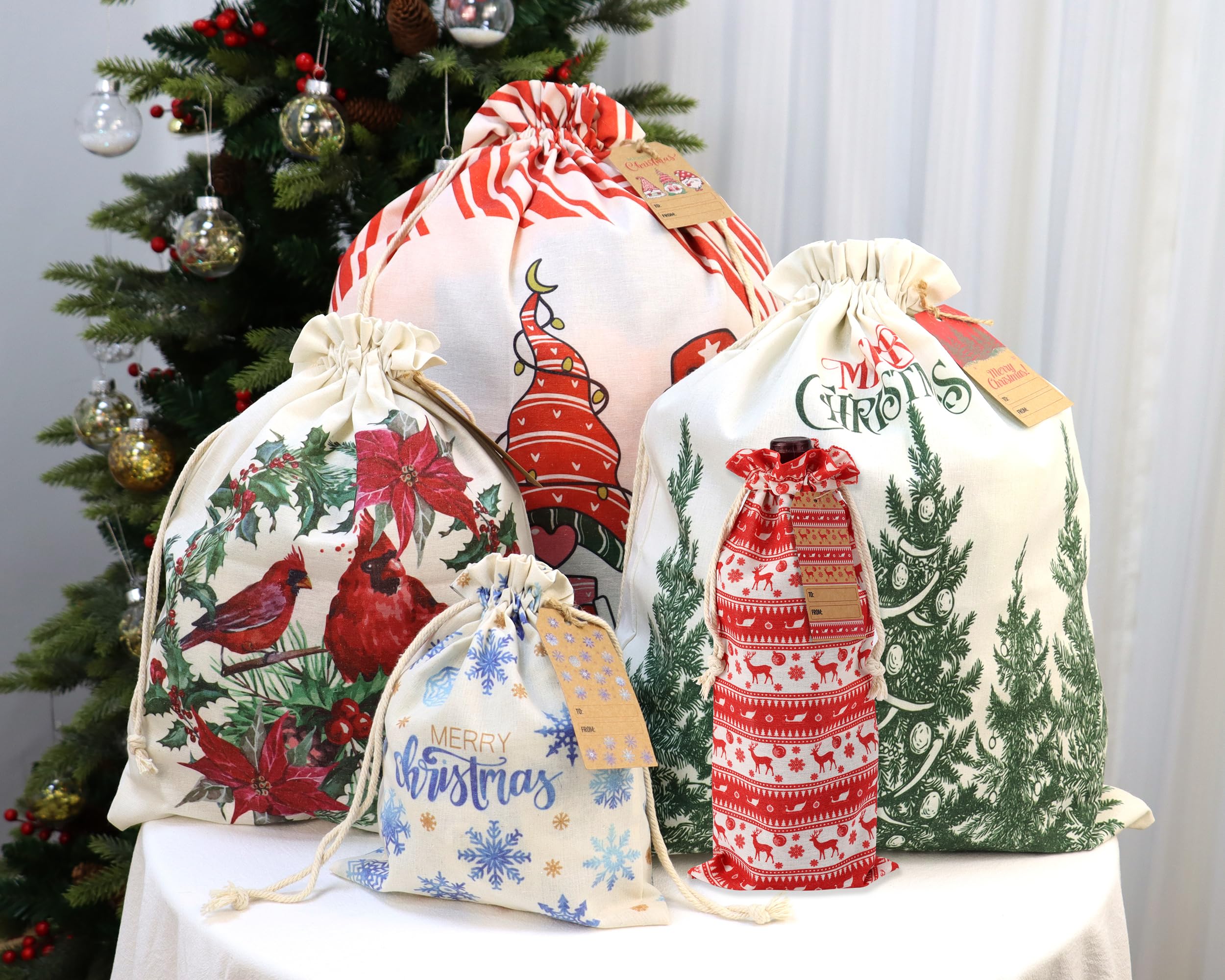 POPGIFTU Christmas Canvas Gift Bags with Drawstring, 12 PCs Christmas Santa Sack, Reusable Cotton Xmas Sack Cloth Bag for Xmas Package Storage, Christmas Party Supplies Favors