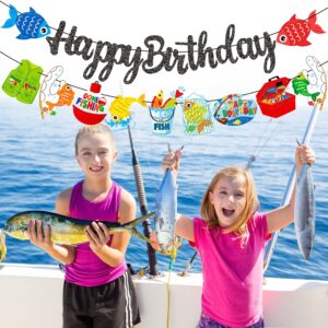 Gone Fishing Happy Birthday Banners Fishing Party Decorations 2Pcs Fisherman Hanging Cutout Garland Banners for Fish Theme Baby Shower Supplies