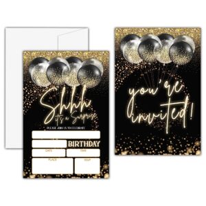 kfner shhh it's a surprise birthday invitations, black gold balloon birthday party invitation card, surprise birthday party favors & celebration supplies(20 set of invitations with envelopes)-b28