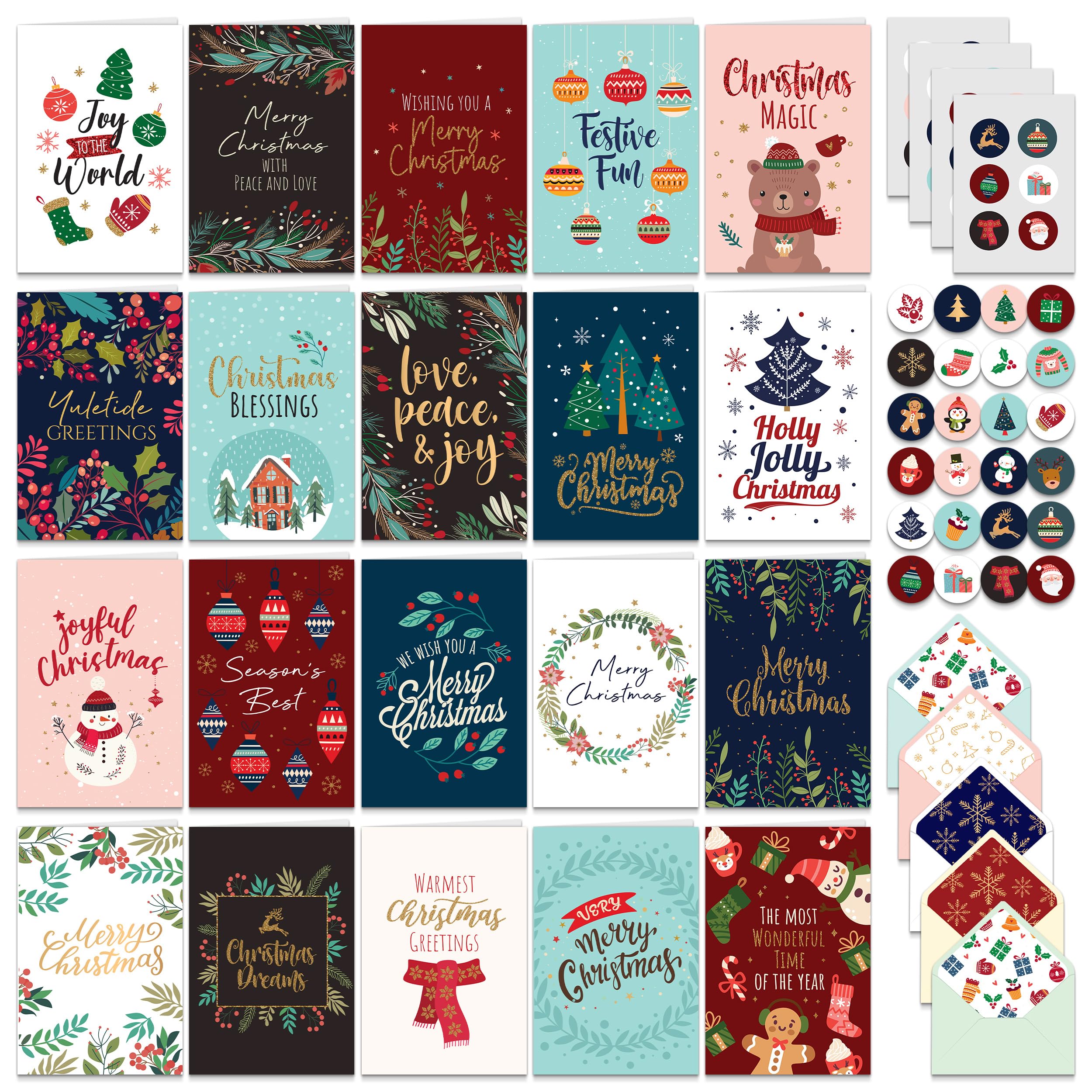 Decorably 100 Pack Foiled & Glittery Christmas Cards with Envelopes & Stickers, 20 Designs Printed Message Inside Christmas Cards Bulk, 4x6in Merry Christmas Card, Boxed Christmas Cards with Envelopes