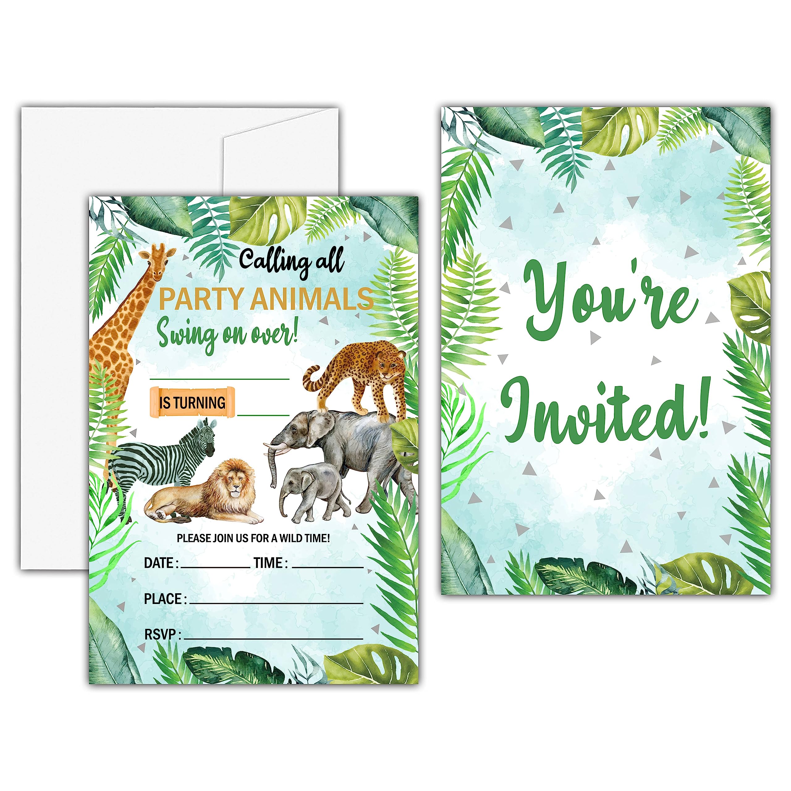 KFNER Calling All Party Animals Birthday Invitations, Safari Animals Birthday Party Invitation Card, Zoo Birthday Party Favors & Celebration Supplies(20 Set of Invitations with Envelopes)-B15