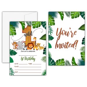 kfner wild one birthday invitations, 1st safari animals birthday party invitation card, zoo birthday party favors & celebration supplies(20 set of invitations with envelopes)-b17