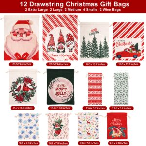 POPGIFTU Christmas Canvas Gift Bags with Drawstring, 12 PCs Christmas Santa Sack, Reusable Cotton Xmas Sack Cloth Bag for Xmas Package Storage, Christmas Party Supplies Favors