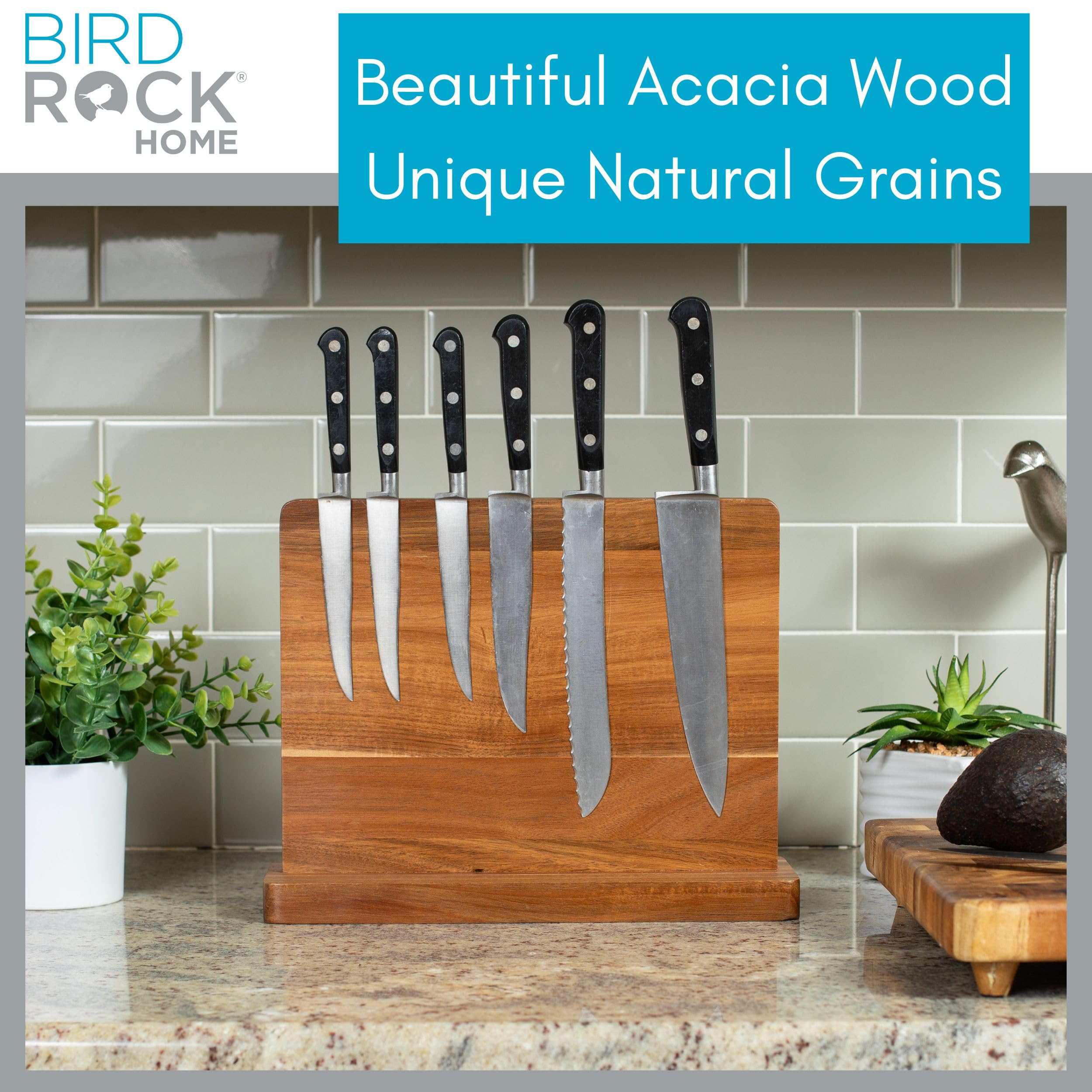 BIRDROCK HOME Wooden Magnetic Knife Block | Acacia Wood Knife Storage | Double-Sided Strong Magnetic Knife Holder | Knife Organizer for Kitchen & Space-Saving Design | No Knives Included | 12.8"Lx10"H