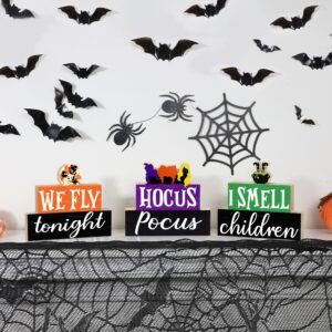 Halloween Decorations Indoor, 3 PCS Halloween Wooden Table Sign Decor, Hocus Pocus Table Centerpiece for Mantle Shelf Tiered Tray, Farmhouse I Smell Children & We Fly Tonight Halloween Wooden Signs