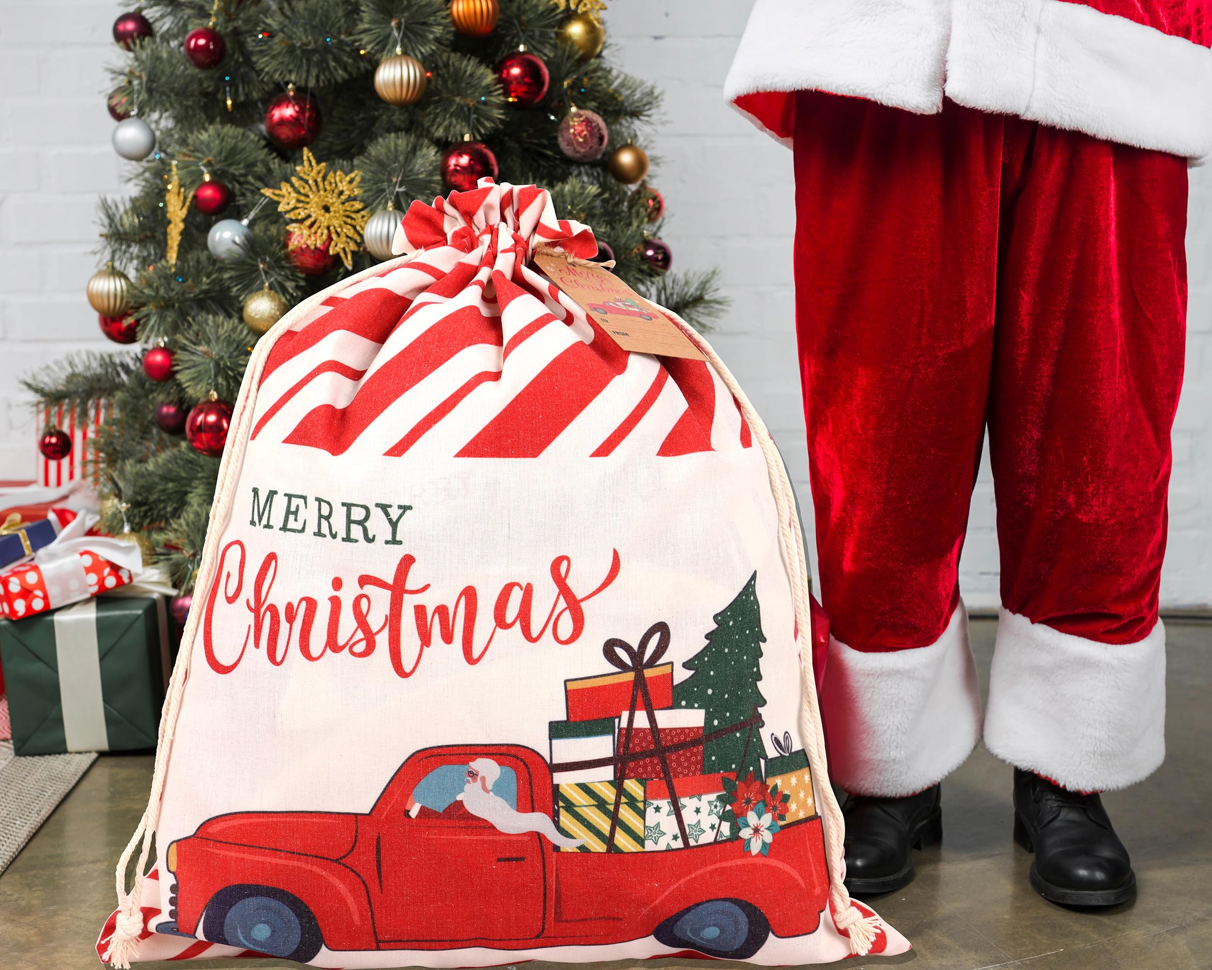 POPGIFTU Christmas Canvas Gift Bags with Drawstring, 12 PCs Christmas Santa Sack, Reusable Cotton Xmas Sack Cloth Bag for Xmas Package Storage, Christmas Party Supplies Favors