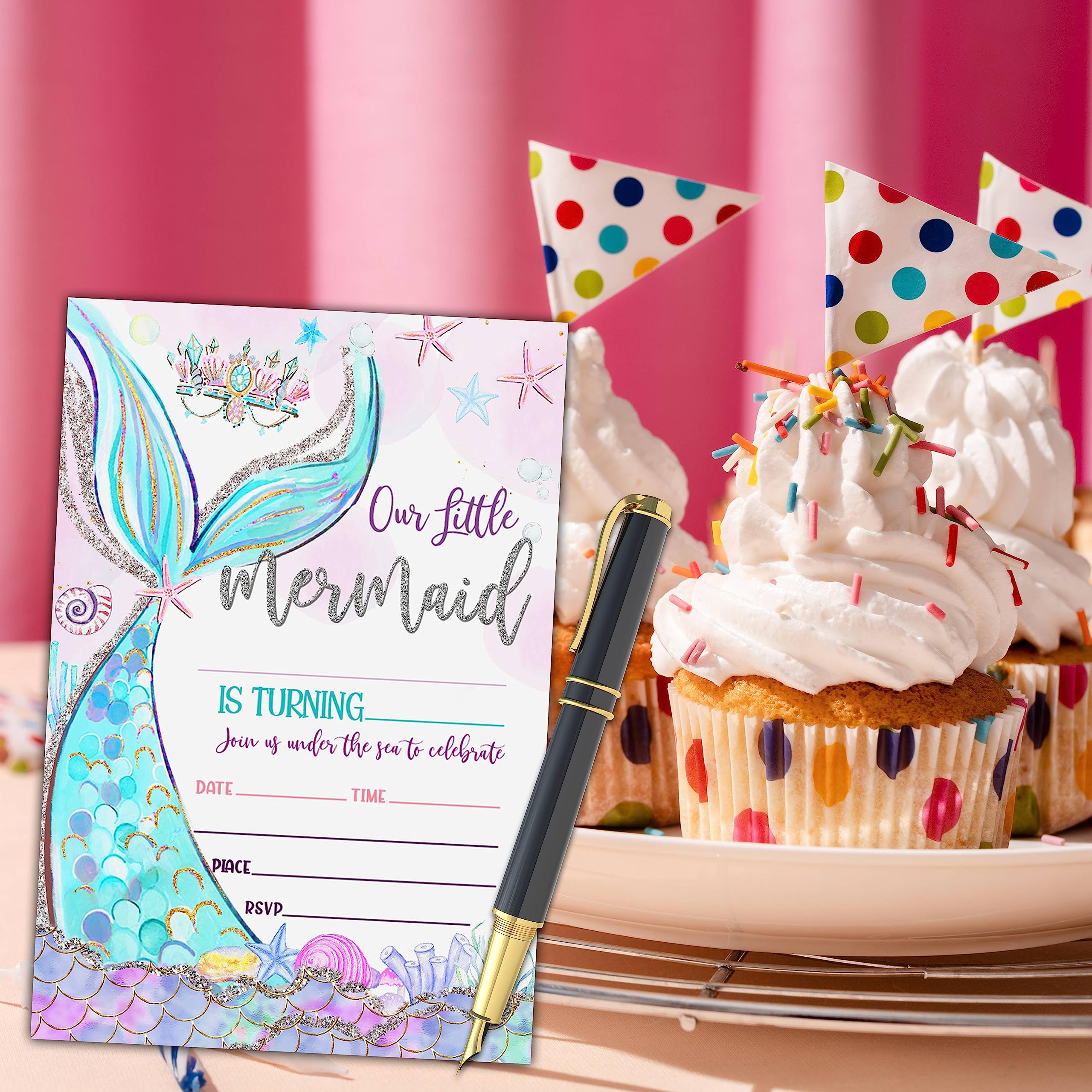 KFNER Mermaid Birthday Invitations, Glitter Mermaid Birthday Party Invitation Card, Under the Sea Birthday Party Favors & Celebration Supplies(20 Set of Invitations with Envelopes)-B13