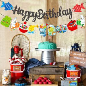 Gone Fishing Happy Birthday Banners Fishing Party Decorations 2Pcs Fisherman Hanging Cutout Garland Banners for Fish Theme Baby Shower Supplies