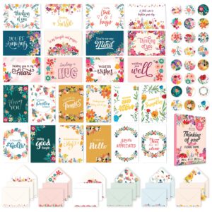 decorably 24 pack floral thinking of you cards with envelopes & stickers, 24 unique designs printed message thinking of you cards assortment box with envelopes, 6x4in thinking of you greeting cards