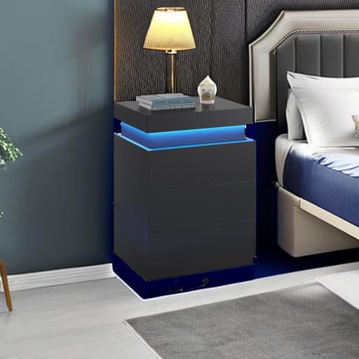 BTHFST LED Nightstands Set of 2,Night Stands for Bedroom Set of 2,Nightstand with Charging Station and Sliding Top,Bedside Table with Power Outlets & Drawers,Modern End Side Table (Black)