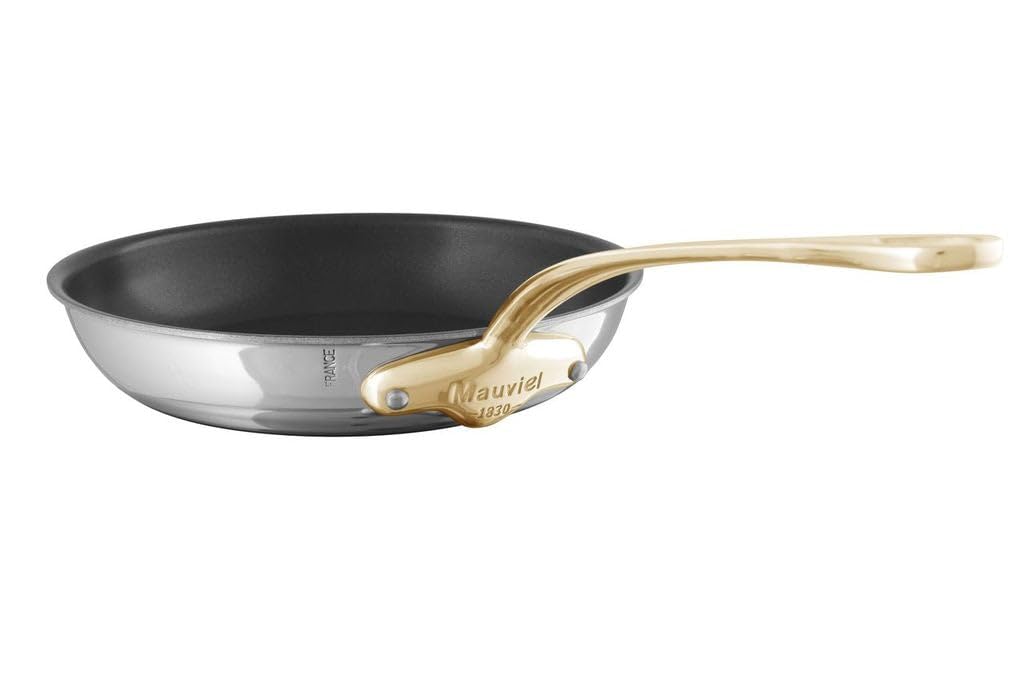 Mauviel M'Cook B 5-Ply Polished Stainless Steel Nonstick Round Frying Pan With Brass Handle, 7.9-in, Made In France