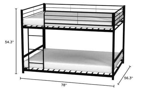 VINGLI Full Over Full Bunk Bed, Low Bunk Bed for Kids Floor Bed Full Size Bunk Bed for Adults,Heavy Duty Metal Slat, No Box Spring Needed, Black