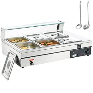 vevor 6-pan commercial food warmer, 6 x 12qt electric steam table with tempered glass cover, 1500w countertop stainless steel buffet bain marie 86-185°f temp control for catering, restaurants, silver