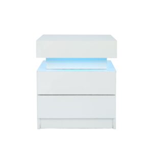 LED Nightstand Modern White Nightstand with Led Lights Wood Led Bedside Table Nightstand with 2 High Gloss Drawers for Bedroom (White)