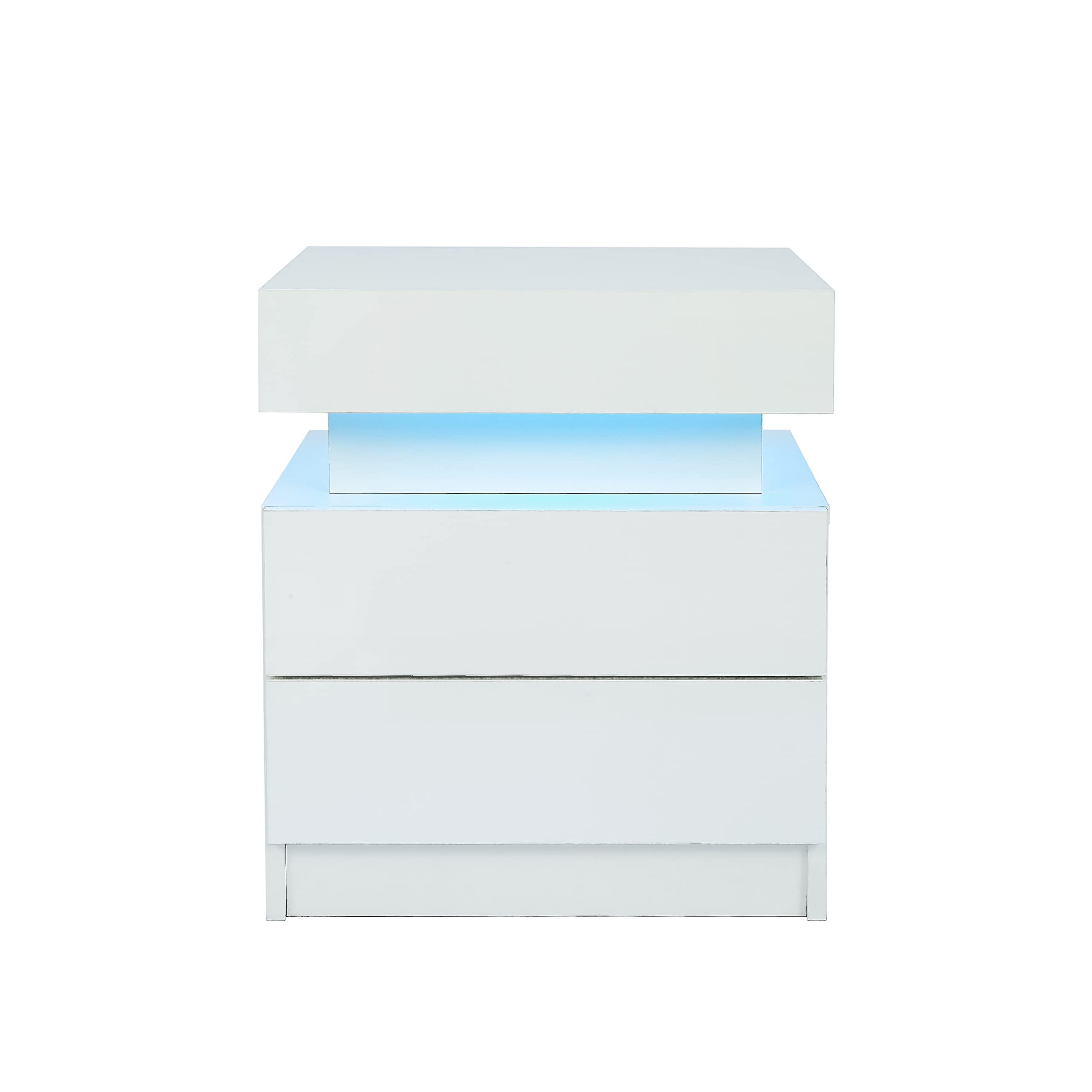 LED Nightstand Modern White Nightstand with Led Lights Wood Led Bedside Table Nightstand with 2 High Gloss Drawers for Bedroom (White)