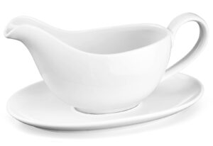 yedio 18 oz gravy boat with saucer, large white ceramic gravy boat, boat and tray for turkey beef sauce, salad dressing, creamer, milk, broth,microwave and dishwasher safe