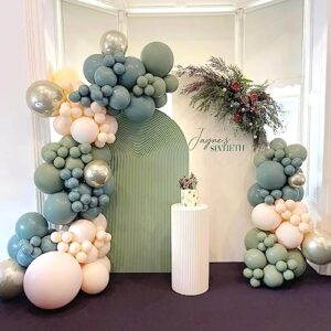 Dusty Sage Green Blue Gold Balloon Garland Kit, 107 PCS Pastel Olive Green Slate Blue Beige Metallic Gold Balloon Arch Kit for Women Men Boho Birthday Wedding Baby Bridal Shower Party Decorations