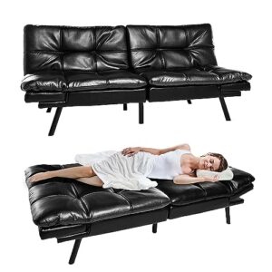 fangflower futon sofa bed, faux leather memory foam couch, foldable convertible sleeper loveseat, daybed for living room, black