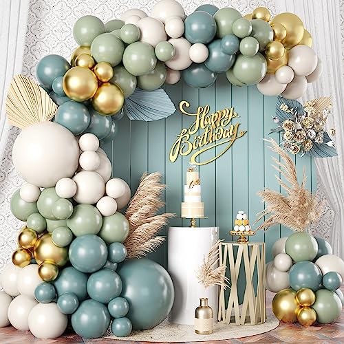 Dusty Sage Green Blue Gold Balloon Garland Kit, 107 PCS Pastel Olive Green Slate Blue Beige Metallic Gold Balloon Arch Kit for Women Men Boho Birthday Wedding Baby Bridal Shower Party Decorations