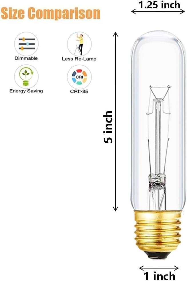 25 Watt T10 Clear Tubular Incandescent Light Bulb, Vintage Style Showcase Bulb,Showcase lamp, 2700K Soft White, E26 Medium Base, 280 Lumens,T10 Tubular Bulb (6)