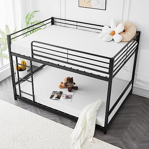 VINGLI Full Over Full Bunk Bed, Low Bunk Bed for Kids Floor Bed Full Size Bunk Bed for Adults,Heavy Duty Metal Slat, No Box Spring Needed, Black