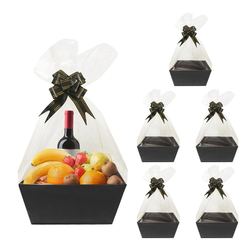 Worown 6 Pack Black Basket for Gifts Empty, Cardboard Gift Basket Kit, 8 x 10 Inch Kraft Basket with Bags, Black Pull Bows for Packing Gift on Easter, Christmas, Birthday, Wedding