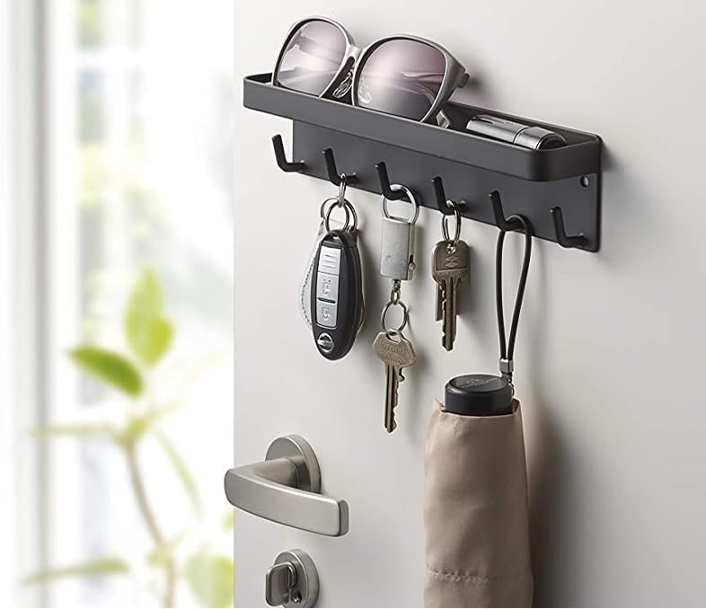 Key Holder Wall Mounted with 6 Hooks, Self Adhesive Metal Key Rack with Mail Organizer Tray, Key Hanger for Entryway Hallway Kitchen Farmhouse Decor