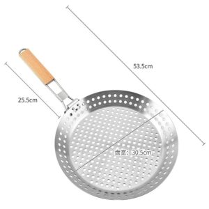 Bafnsiji Stainless Steel Grill Pan with Hole, Non-Stick BBQ Frying Pan, Non-Stick Barbecue Skillet, 430 Stainless Steel Grilling Pans, Folding Wooden Handle BBQ Pan