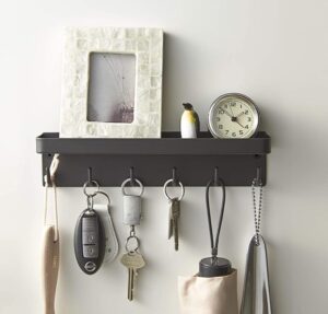 key holder wall mounted with 6 hooks, self adhesive metal key rack with mail organizer tray, key hanger for entryway hallway kitchen farmhouse decor