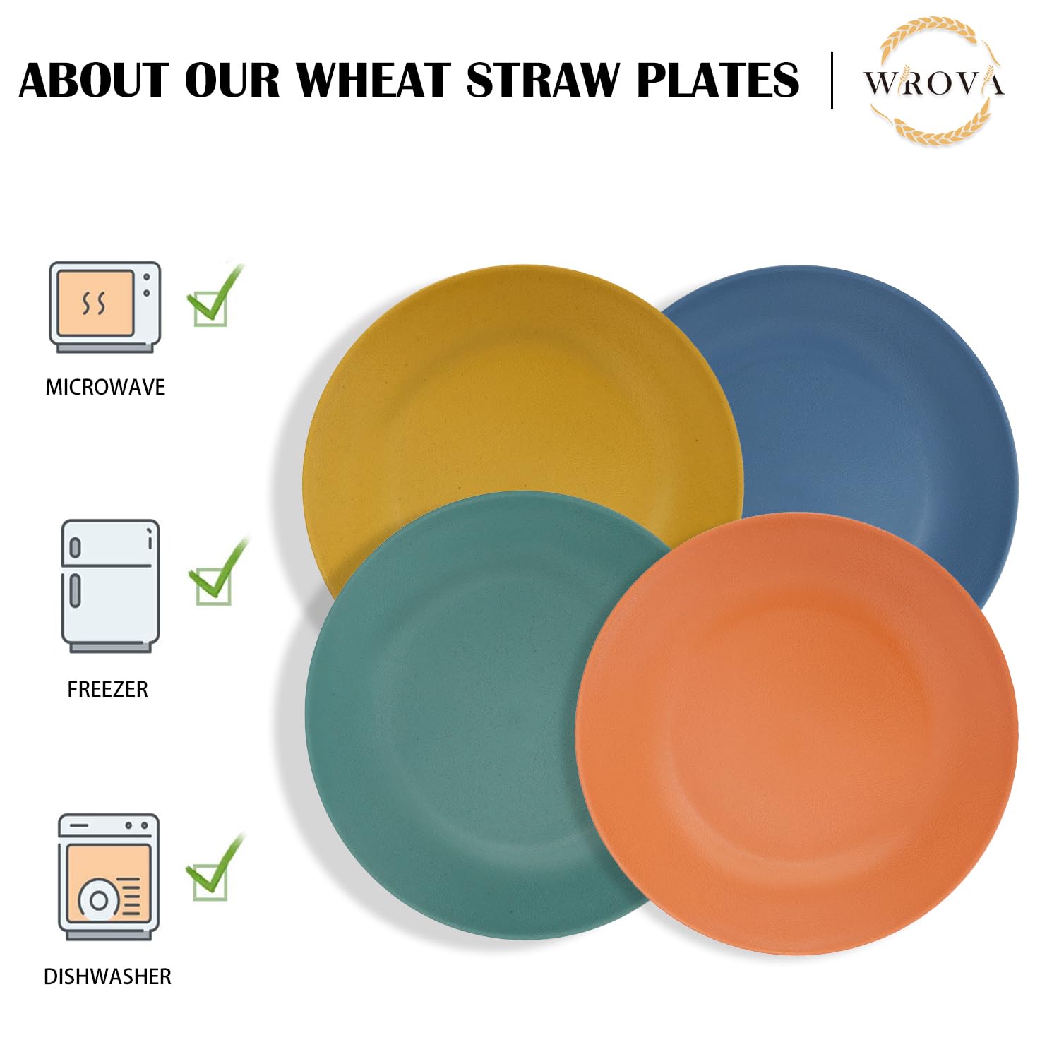 Wrova Wheat Straw Dinner Plates 10 Inch Unbreakable Set of 8 - Dishwasher & Microwave Safe Plastic Plates Reusable - Lightweight Plates for kitchen,camping,salad,appetizer - Colorful