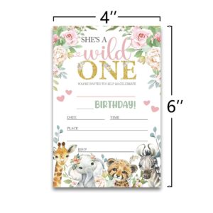 FujLoy Wild One Birthday party Invitations, Wild One Invitations, Jungle Theme, Animals Birthday Party Invites.（060）