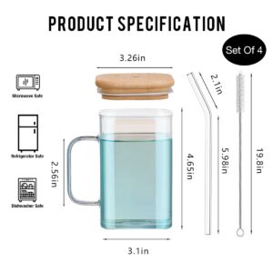 HUAHANGNA Square Drinking Glasses With Handle Set of 4-20 OZ Glass Tumbler Cup with Bamboo Lids and Straw, Beer Can Shaped Glad Glass Cups for Iced Coffee, Soda, Water, Matcha, Chocolate…